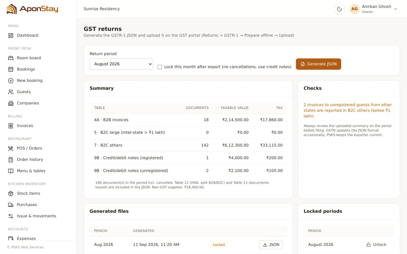 GSTR-1 summary with checks, generated JSON files and locked periods
