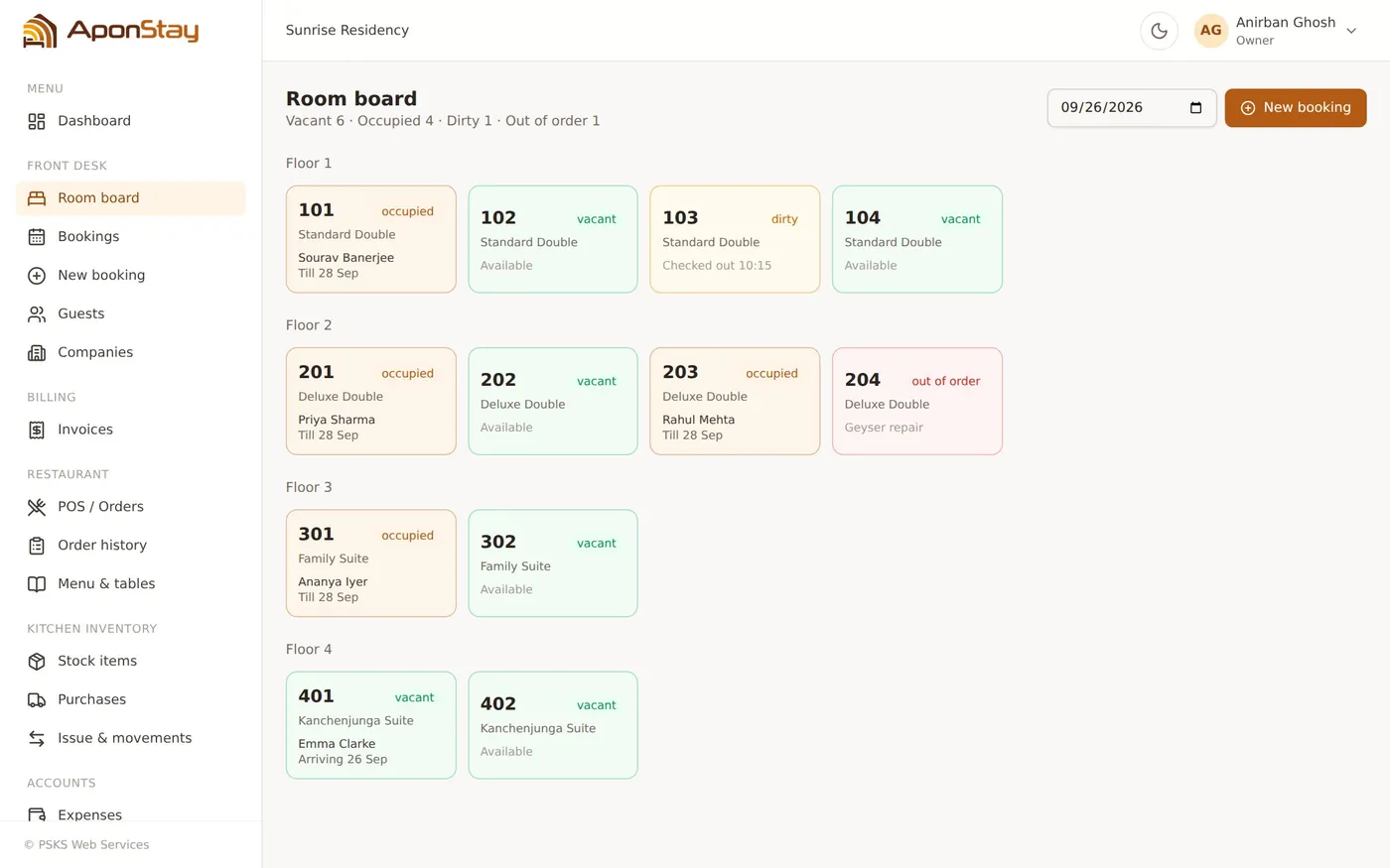 Room board showing rooms by floor with vacant, occupied, dirty and out-of-order status
